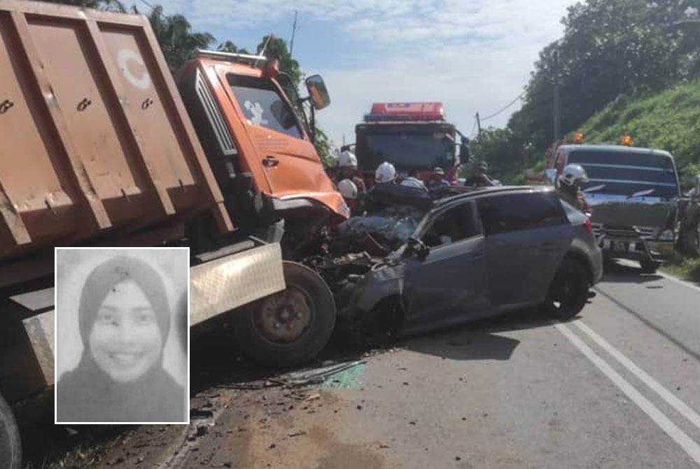Mangsa, Nur Natrah Daharuddin (gambar kecil) meninggal dunia di lokasi kejadian selepas kereta dipandu terlibat kemalangan dengan lori di Jalan Selendang, Felda Selendang, Rompin pada Sabtu. - Foto JBPM Pahang