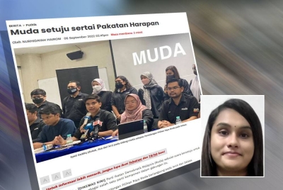 Laporan Sinar Harian mengenai Muda sebulat suara bersetuju sertai PH pada Selasa. (Gambar kecil: Malani)