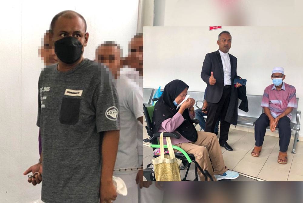 Ahmad Nizam (tengah) bersama ibu bapa dan keluarga tertuduh yang menangis selepas tertuduh dibebaskan dari tuduhan mengedar dadah. Gambar kiri: Wan Mohamad Azlan