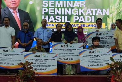 Ahmad (lima dari kiri) bergambar bersama Menteri Pembangunan Usahawan dan Koperasi, Tan Sri Noh Omar (tiga dari kiri) dan penerima geran bantuan pada Seminar Peningkatan Hasil Padi IADA Barat Laut Selangor di Institut Pengurusan Peladang (IPP) Tanjong Karang di sini pada Selasa.