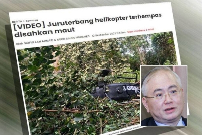 Laporan Sinar Harian mengenai nahas melibatkan helikopter Eurocopter EC120B di Bidor, Perak yang meragut nyawa juruterbang warga Hong Kong, Tsz Kin Richard Chan. Gambar kecil: Wee Ka Siong 