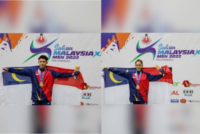 Bryan (kiri) dan Sydney masing-masing meraih pingat emas dalam acara akhir Nanquan Lelaki dan Taijijian Wanita pada Sukma Majlis Sukan Negara 2022 di Gimnasium 2, MSN, Bukit Jalil hari ini. - Foto Bernama