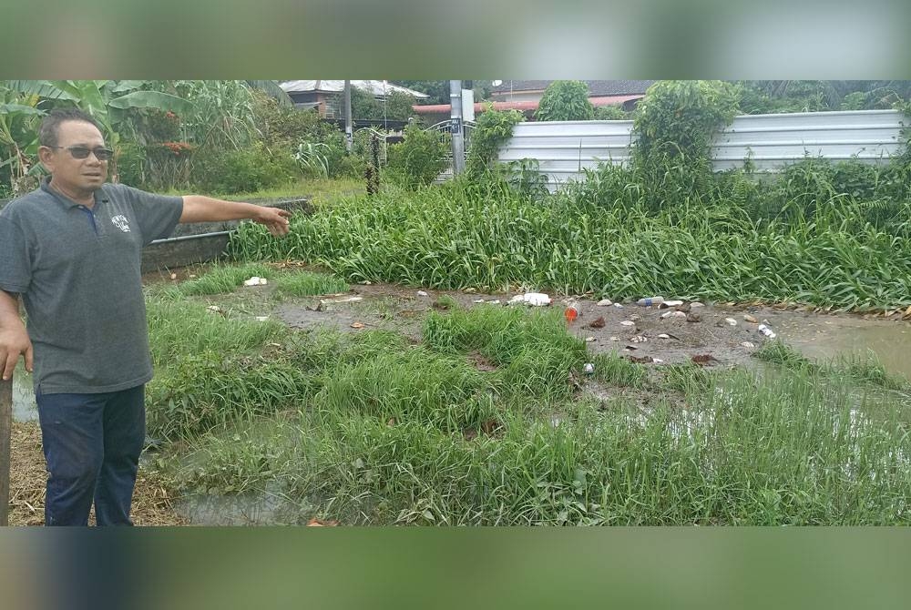 Abu Bakar menunjukkan keadaan parit yang dipenuhi rumput di Kampung Sri Gading.