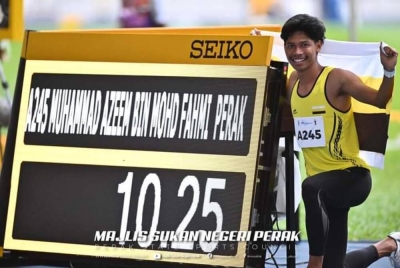 Azeem melakukan catatan 10.25s untuk meraih pingat emas dalam acara 100m. - Foto FB Majlis Sukan Negeri Perak.