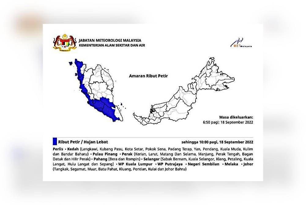 Info grafik amaran cuaca buruk turut dikongsi di laman Facebook agensi itu pada Ahad.