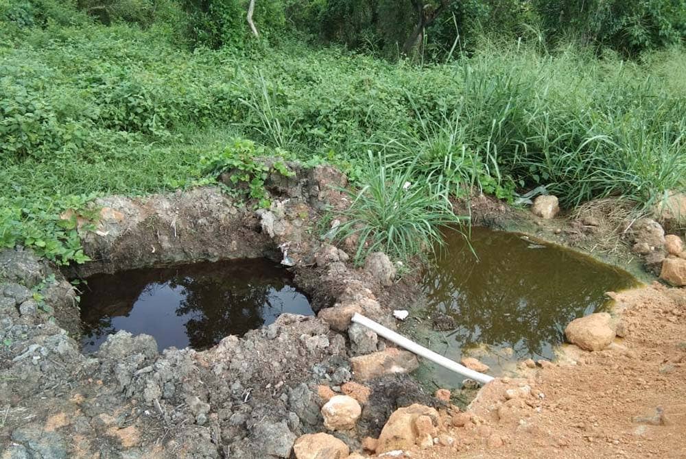 Terdapat aliran air berwarna hitam memasuki kawasan paya bakau bersebelahan tapak pelupusan sampah.