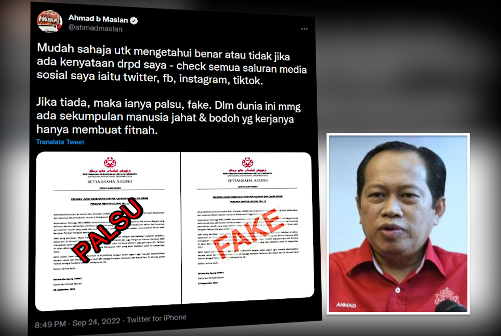 Tangkap layar ciapan Twitter rasmi Ahmad, pada Sabtu