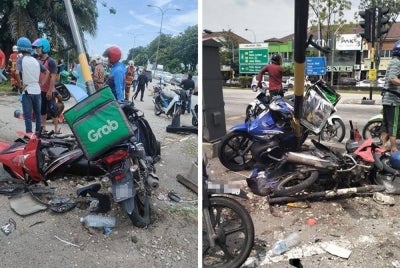 Seorang penghantar makanan maut manakala seorang penunggang motosikal parah dalam kemalangan melibatkan lima kenderaan di persimpangan lampu isyarat Jalan Meru, Klang.- Foto Sumber Facebook.