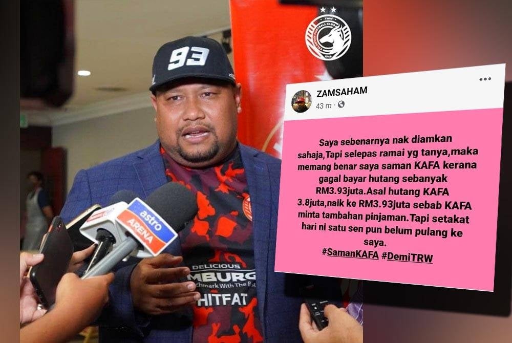 KAFA gagal melunaskan hutan sebanyak RM3.93 juta dikongsi menerusi satu hantaran Facebook yang dimuat naik oleh Zamsaham pada Ahad.