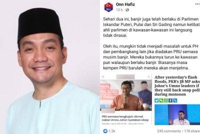 Catatan terbaharu di laman Facebook Onn Hafiz membidas Ahli Parlimen pembangkang yang didakwa tidak turun padang ketika banjir. Gambar kecil: Onn Hafiz