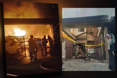 Pasukan bomba sedang memadamkan kebakaran rumah di Taman Angkasa Nuri. (Gambar kanan : Liliwaty bersama anak bongsunya melihat keadaan rumah serta kenderaan miliknya yang terbakar dalam kejadian kebakaran awal pagi Selasa di Taman Angkasa Nuri.)