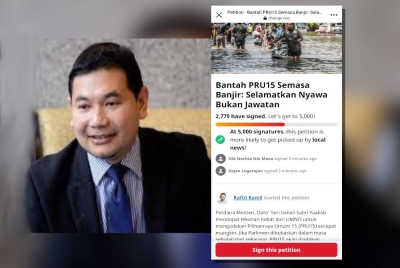 Rafizi melancarkan Petisyen Bantahan PRU15 Semasa Banjir: Selamatkan Nyawa Bukan Jawatan menerusi https://www.change.org/p/bantah-pru15-semasa-banjir-selamatkan-nyawa-bukan-jawatan dengan 2,780 tandatangan telah diterima setakat jam 7 malam Selasa.