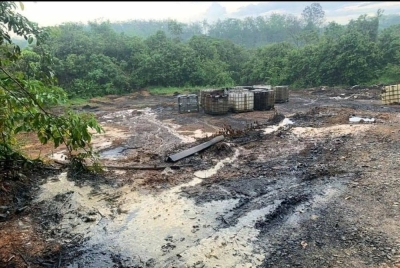 Kesan pencemaran cecair disyaki bahan kimia yang dikesan di sebuah ladang kelapa sawit di Kampung Belenggu,Temerloh. - Foto Facebook Tuan Ibrahim Tuan Man