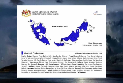Amaran ribut petir, hujan lebat dan angin kencang yang dikeluarkan oleh METMalaysia di seluruh negara pada petang ini .