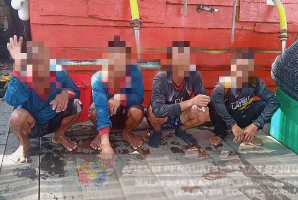 Empat PATI yang ditahan kerana tidak memiliki dokumen pengenalan diri ketika bekerja di sangkar ikan di Parit Buntar pada Jumaat. - Foto Maritim Malaysia