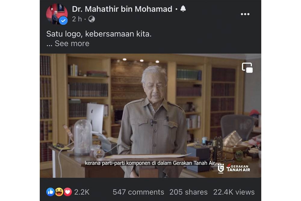 Rakaman video berhubung penggunaan logo bakal digunakan GTA pada PRU15 yang dimuat naik di Facebook Dr Mahathir pada malam Rabu.