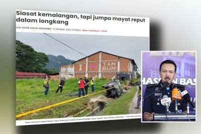 Sinar Harian melaporkan polis menemui mayat dipercayai wanita ketika menyiasat kemalangan membabitkan sebuah kereta terbabas di lokasi kejadian. (Gambar dalam : Mohd Yusri)