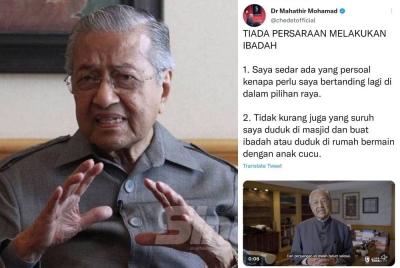 Tangkap layar ciapan Tun M di Twitternya pada Khamis