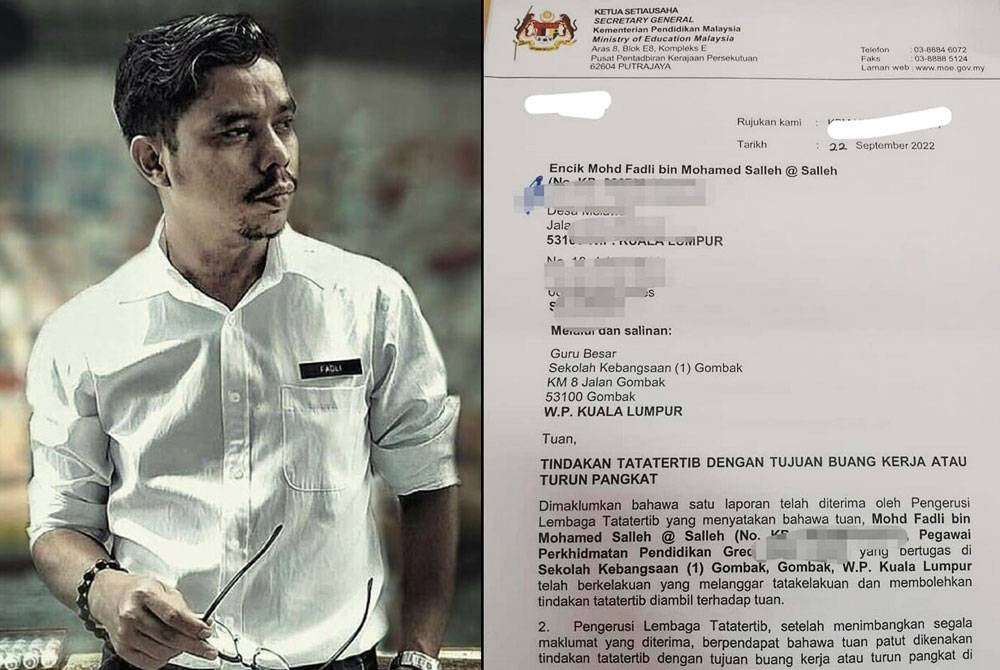 Surat tindakan tatatertib yang dikongsikan melalui Facebook milik Mohd Fadli pada Sabtu.