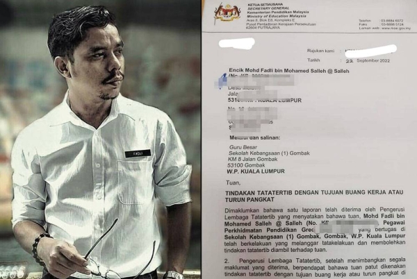 Surat tindakan tatatertib yang dikongsikan melalui Facebook milik Mohd Fadli pada Sabtu.