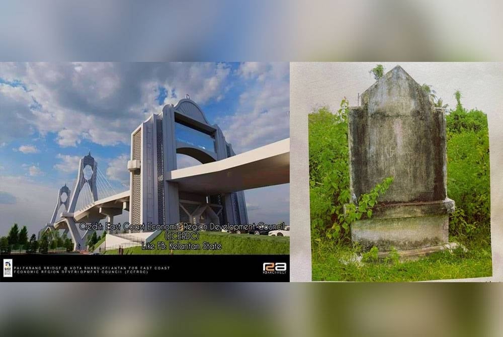 Gambar kiri menunjukkan lakaran Jambatan Palekbang yang dijangka siap pada 2025 manakala gambar kanan pula ialah batu asas dibina pada 1996 sebagai tanda pembinaan Jambatan Palekbang.