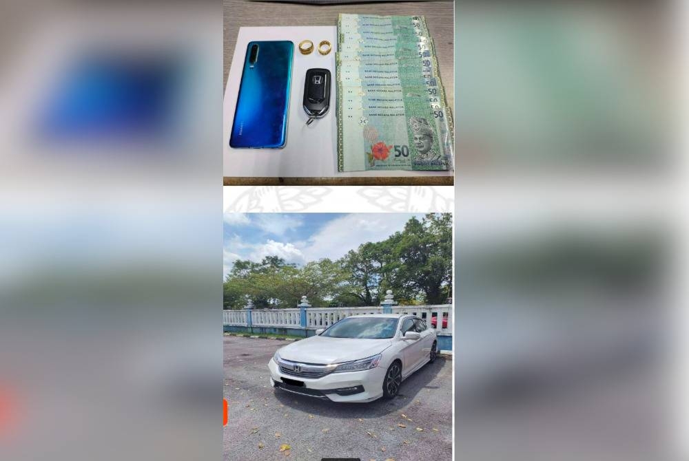 Selain dadah, polis turut menyita telefon bimbit, cincin, wang tunai dan kereta yang dimiliki suspek. - Foto ihsan polis