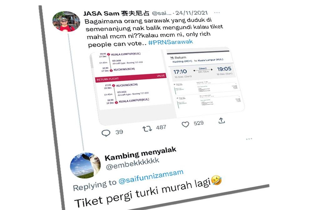 Ciapan dibuat pengguna media sosial Twitter @saifunnizamsam yang mempersoalkan harga tiket kapal terbang mahal menjelang hari pengundian PRU15.