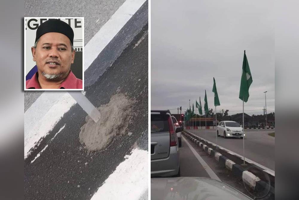 Gambar tular di media sosial baru-baru ini menunjukkan bendera parti yang dinaikkan di pembahagi jalan. FOTO: Ihsan pembaca (Gambar kecil: Ariffin)