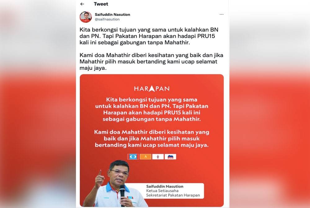 Tangkap layar Twitter Saifuddin pada Sabtu.