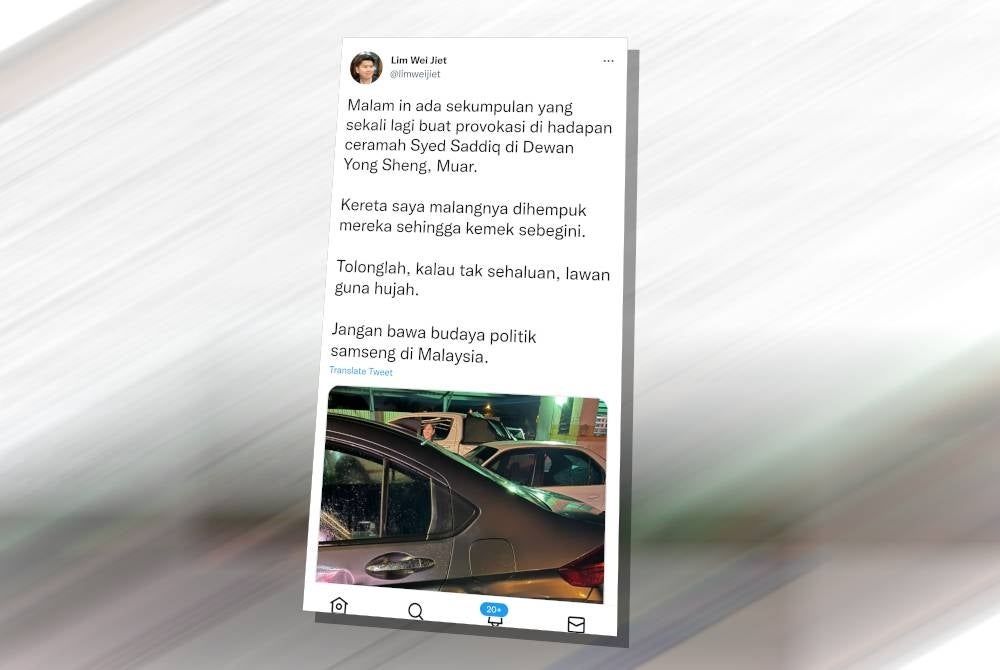 Wei Jeit berkongsi keadaan keretanya yang kemek di laman Twitter miliknya.