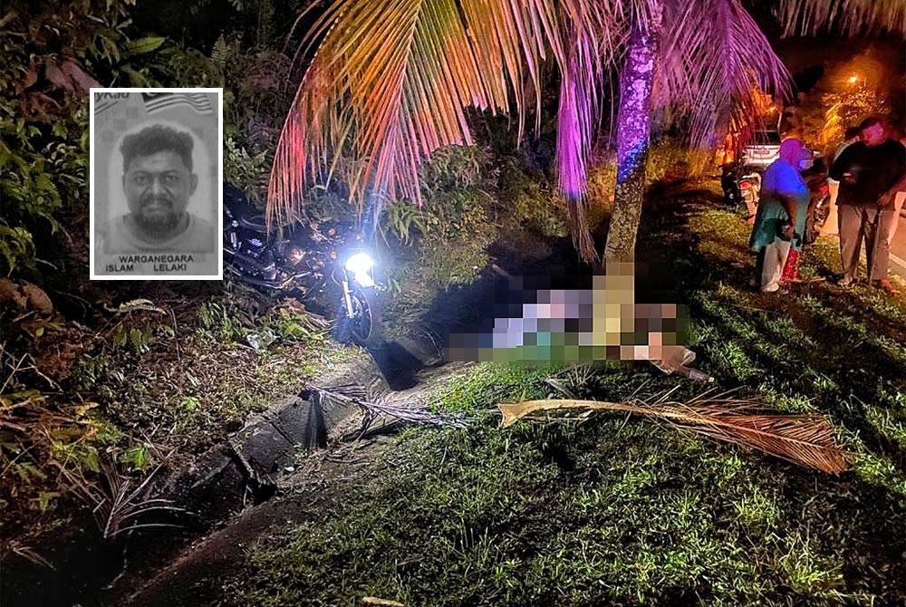 Mangsa terbabas di bahu jalan sebelum disahkan meninggal dunia di lokasi kejadian. (Gambar kecil: Ahmad Jamil)