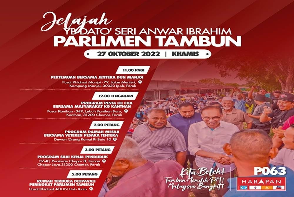Lima program yang disusun untuk Anwar bertemu pengundi di kerusi Parlimen Tambun hari ini.