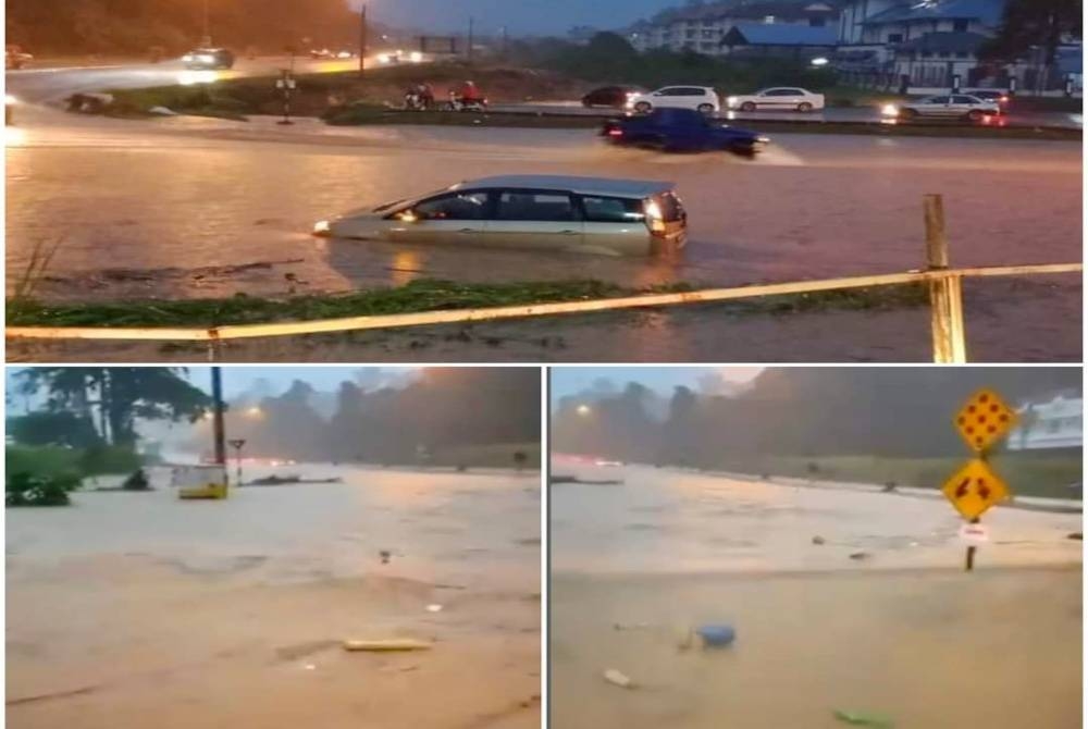 Hujan lebat mengakibatkan jalan di hadapan IPD Gua Musang ditenggelami air selama 30 minit pada Rabu. - Foto ihsan pembaca