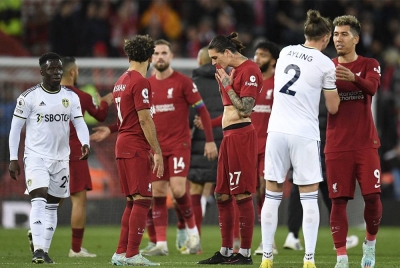 Pemain-pemain Liverpool kecewa selepas gagal mengutip mata di laman sendiri susulan tewas kepada Leeds.
FOTO- AFP
