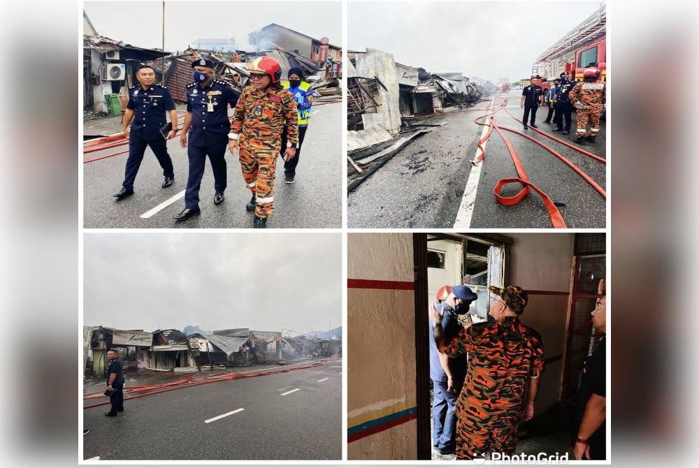 Anbalagan (tengah) meninjau keadaan sekeliling selepas operasi memadam kebakaran dijalankan.