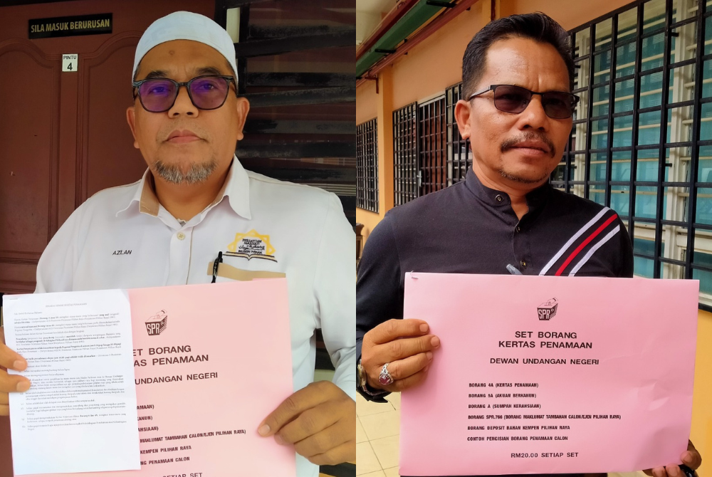 Mohd Azlan (kiri) dan Mahhadee menunjukkan borang pencalonan yang dibeli di Pejabat SPR Perak pada Jumaat