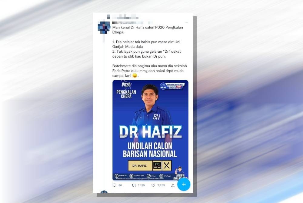 Tangkap layar yang mempertikaikan status akademik dan kelayakan Dr Mohd Hafiezulniezam sebagai doktor tular di laman sosial pada Sabtu.