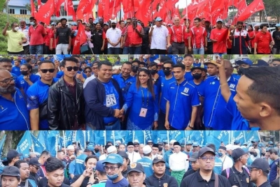 Antara penyokong parti bertanding di Parlimen Kuala Langat yang hadir ketika hari penamaan calon di Dewan Sri Jugra, Telok Datok pada Sabtu. - Foto sumber Facebook calon bertanding