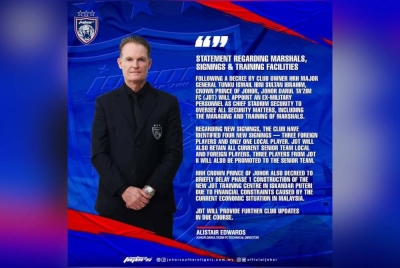 Kenyataan media Edwards mengenai pemain baharu JDT. - Foto FB Johor Southern Tigers