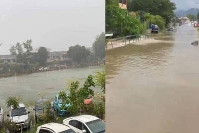 Gambar tular memaparkan beberapa kenderaan sempat dialihkan sebelum kawasan dinaiki air. Kawasan sekitar Menglembu dilanda banjir kilat akibat hujan lebat. - Foto: Ihsan pembaca