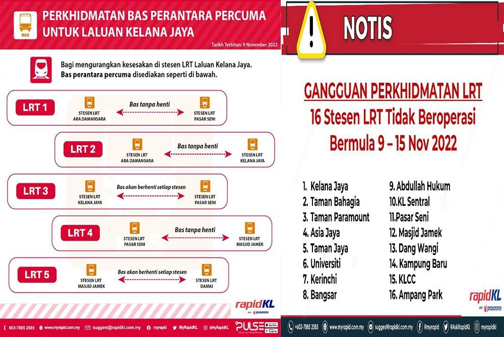 Senarai LRT yang tidak berfungsi bermula Rabu hingga 15 November dan bas perantara yang disediakan sepanjang tempoh gangguan operasi.