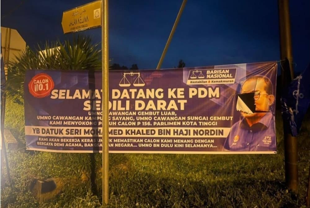 Perbuatan khianat ke atas kain rentang parti di Kampung Gembut, Tanjung Sedili - Foto Polis Kota Tinggi