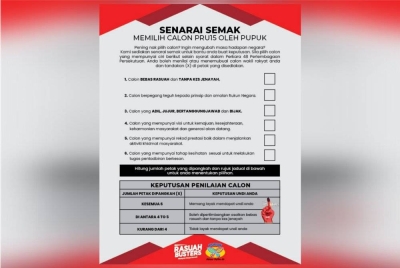 Pupuk dengan kerjasama Rasuah Busters menyediakan senarai semak kriteria calon sebagai panduan untuk pengundi.