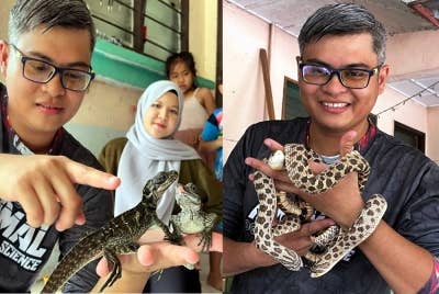 Muhammad Helmi Izzuddin Yusof, 35,berjaya menguruskan 20 ekor haiwan eksotik seperti ular, katak, cicak tokek harimau dan labah-labah tarantula.