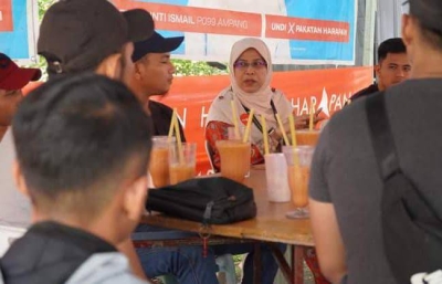 Rodziah (tengah) bersama anak-anak muda ketika mengadakan kempen di kawasan Parlimen berkenaan.