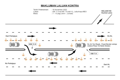 Maklumat terkini mengenai laluan kontra dan laporan trafik juga boleh didapati melalui akaun MEXTraffic Twitter dan Facebook MEX Traffic