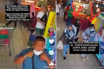 Tangkap layar video tular yang mendakwa tiga individu melakukan pukau dan samun terhadap seorang suri rumah di sebuah pasar raya di Ulu Tiram.
