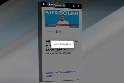 Tangkap layar laman sesawang calonkeadilan.org menunjukkan Muhamad Arafat antara calon kerusi DUN yang masih belum mengemas kini maklumat pengisytiharan harta.