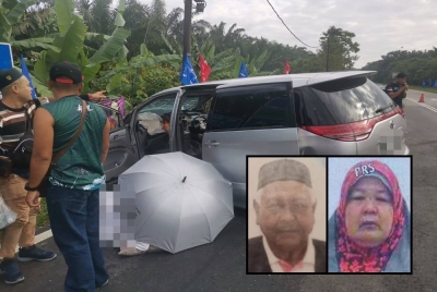 Kenderaan MPV dinaiki mangsa sekeluarga terlibat dalam kemalangan di simpang tiga Jalan Kolam Machap awal pagi Ahad hingga mengorbankan empat daripada mereka. (Gambar kecil: Ibrahim. Latipah)