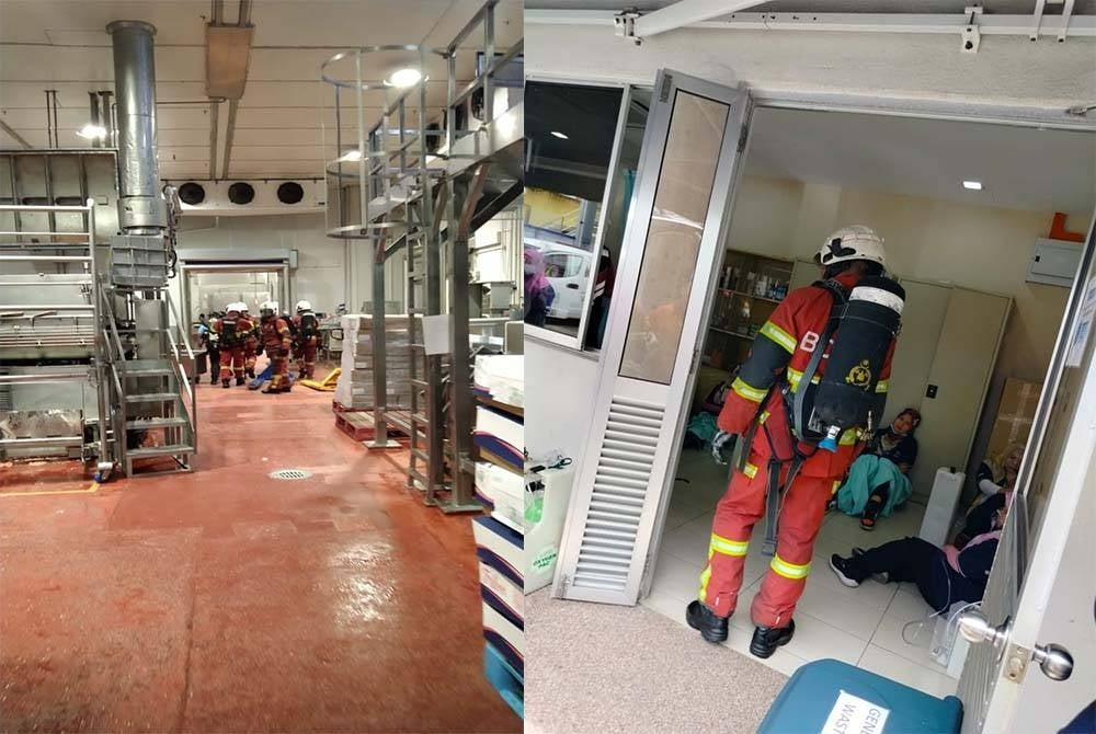 (Gambar kiri Pasukan bomba semasa menalankan kerja-kerja menyelamat. Foto JBPM Selangor.Seramai 17 pekerja sebuah kilang memproses makanan mengalami mual dan pening kepala akibat terhidu gas nitrogen. Foto JBPM Selangor